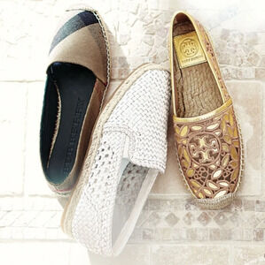 Womans Michael Kors Toni Woven Leather Espadrille Flat, Optic White Sz7